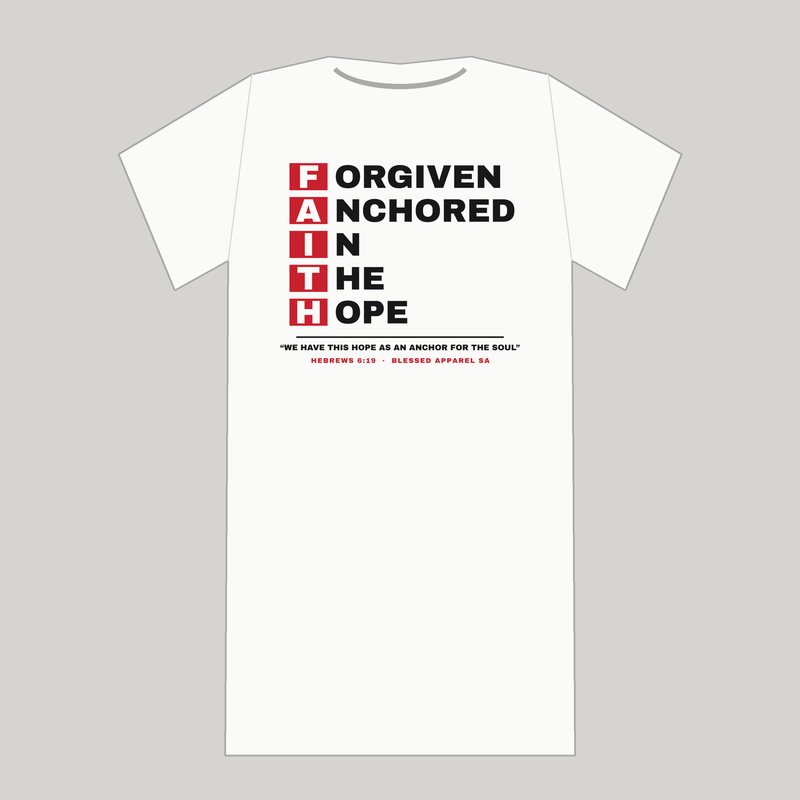 FAITH Acrostic Back Print Tee, Christian t-shirt shown from the back from Blessed Apparel SA