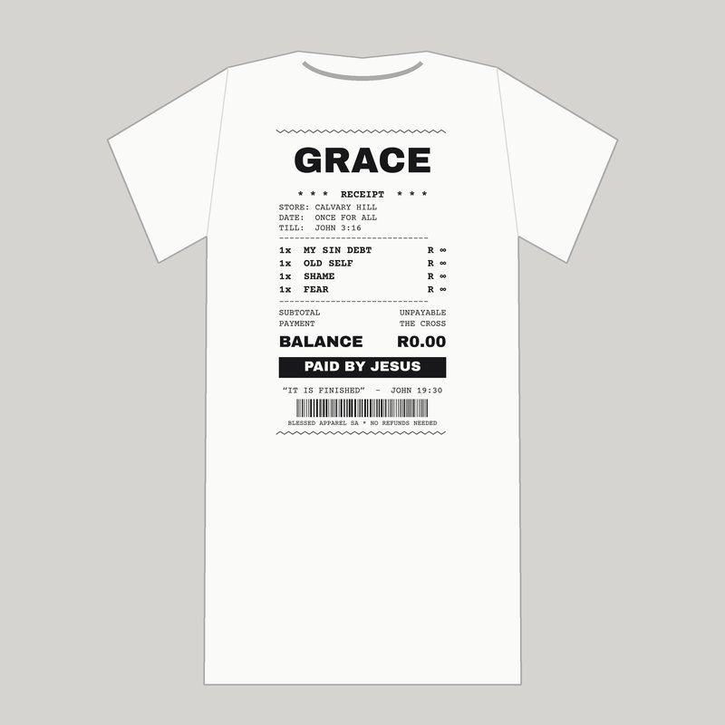 Grace Receipt Back Print Tee, Christian t-shirt shown from the back from Blessed Apparel SA