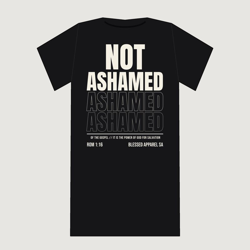 Not Ashamed Back Print Tee, Christian t-shirt shown from the back from Blessed Apparel SA
