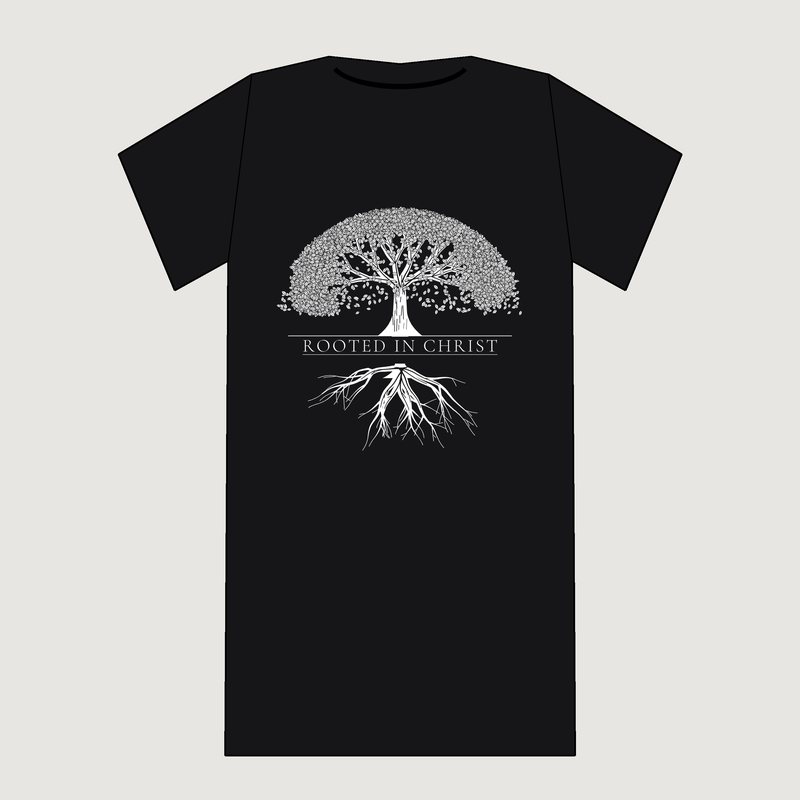Rooted in Christ Back Print Tee, Christian t-shirt shown from the back from Blessed Apparel SA