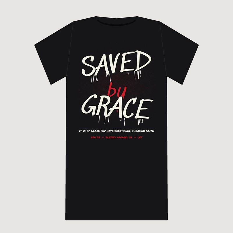 Saved by Grace Back Print Tee, Christian t-shirt shown from the back from Blessed Apparel SA