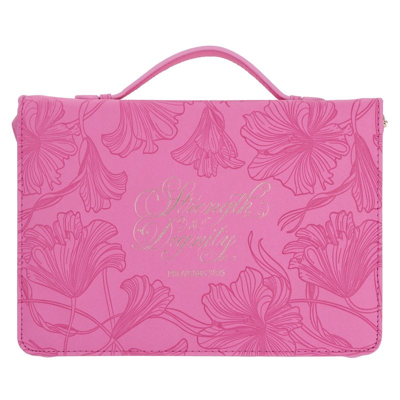 Strength and Dignity Faux Leather Bible Bag, Pink (Proverbs 31:25), Christian books & Bibles from Blessed Apparel SA