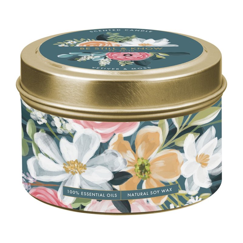 Be Still and Know Scented Candle in Tin, Vetiver & Moss (Psalm 46:10), Christian gift from Blessed Apparel SA